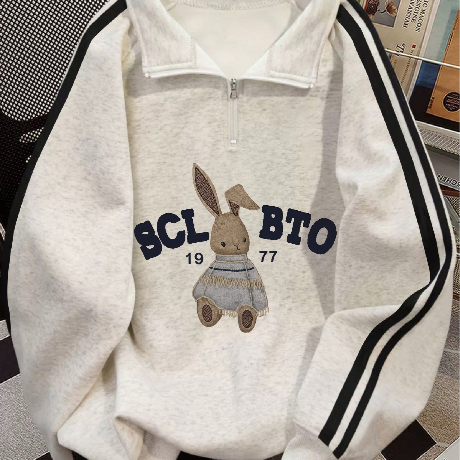 TEMU Style Cute Rabbit Letter Printed Long Sleeve Stand Collar Zip-up Loose 's Sweatshirt, A Relaxed And Fashionable Look With Color Blocking