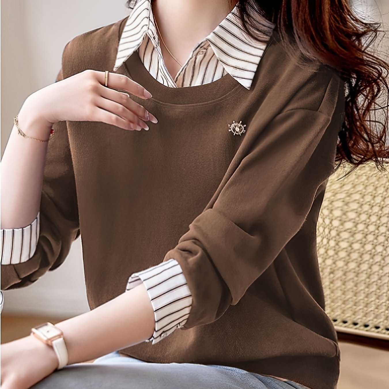 TEMU Camiseta Polo de Mujer para Otoño Invierno, Casual, Cómoda, de Moda, Larga, con Cuello de Rayas