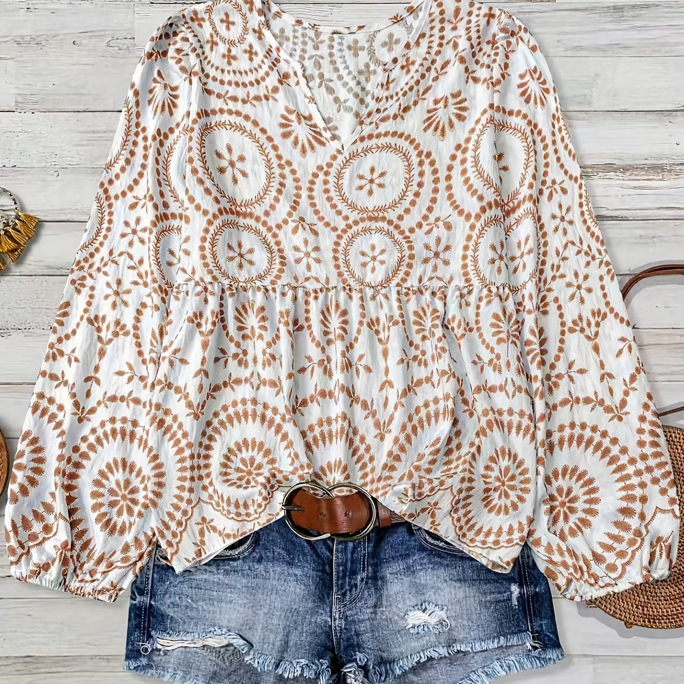 TEMU Women's New Autumn/winter Casual And Comfortable Bamboo Joint Print Long-sleeve Shirt Top