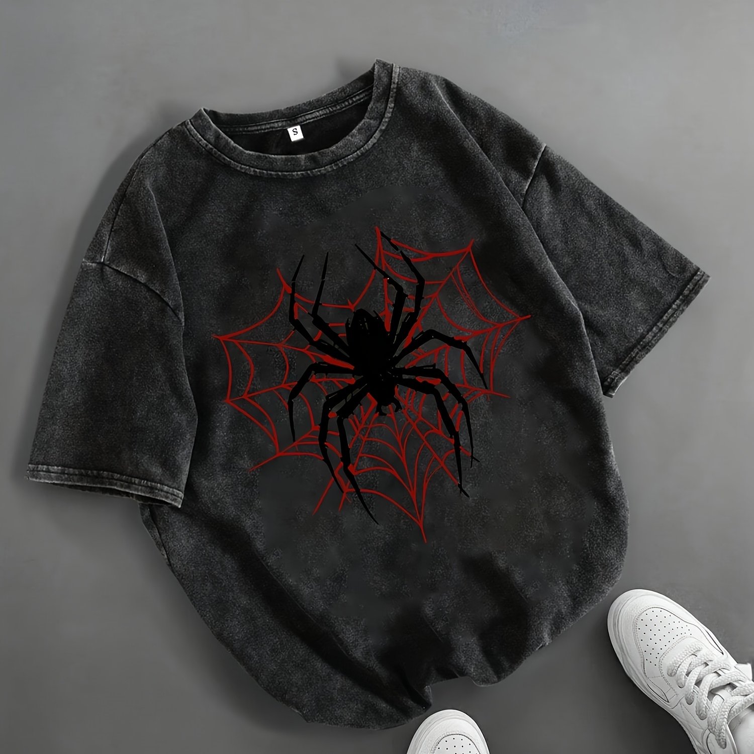Image of Women's Casual Fashion T-shirt With A Fun Spider Print, Washed And Distressed
