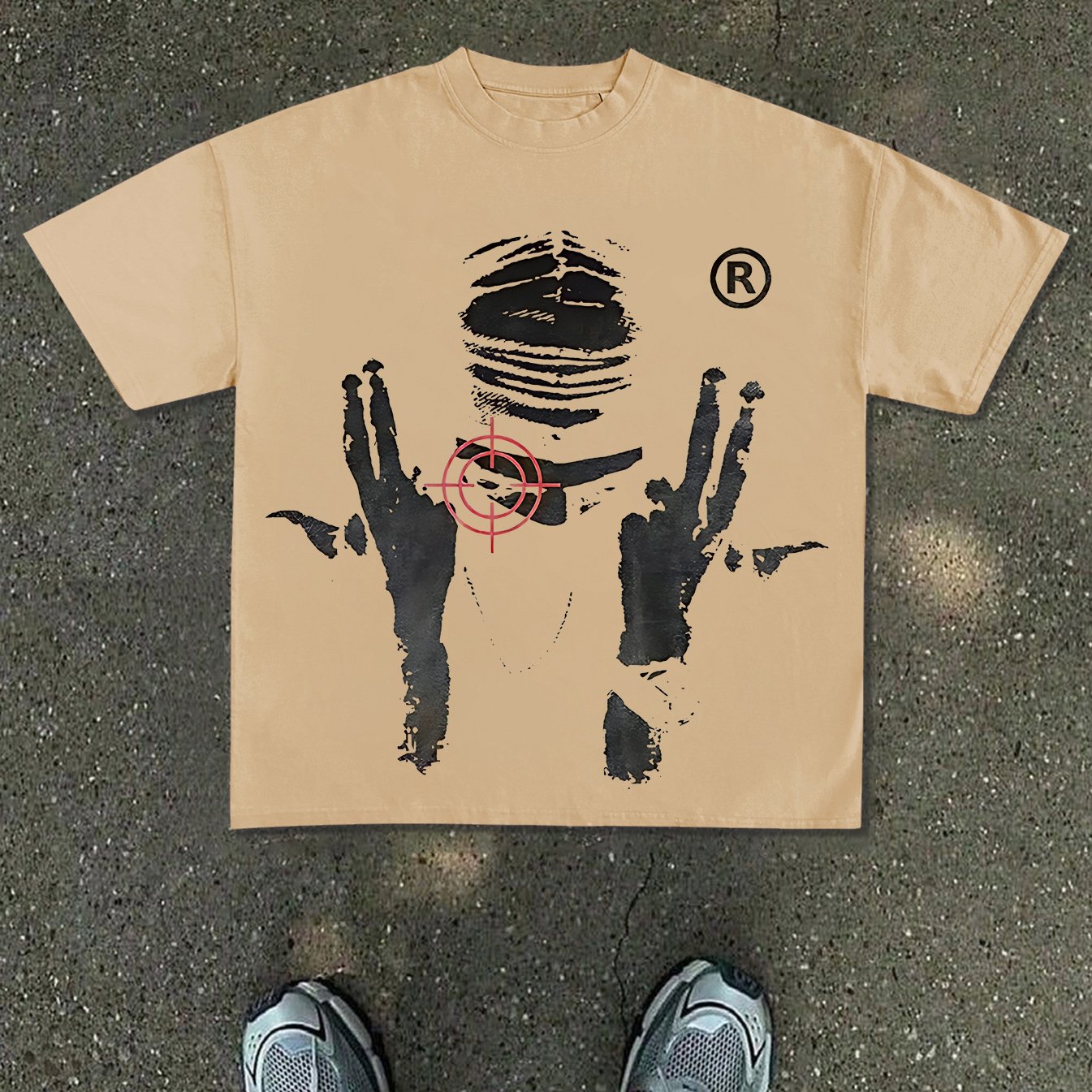 TEMU 's T-shirt, Featuring A Vintage Masked Portrait And A Red Pattern On The Front. The Contrasting Colors Of Black, White, And Red Create A Tough