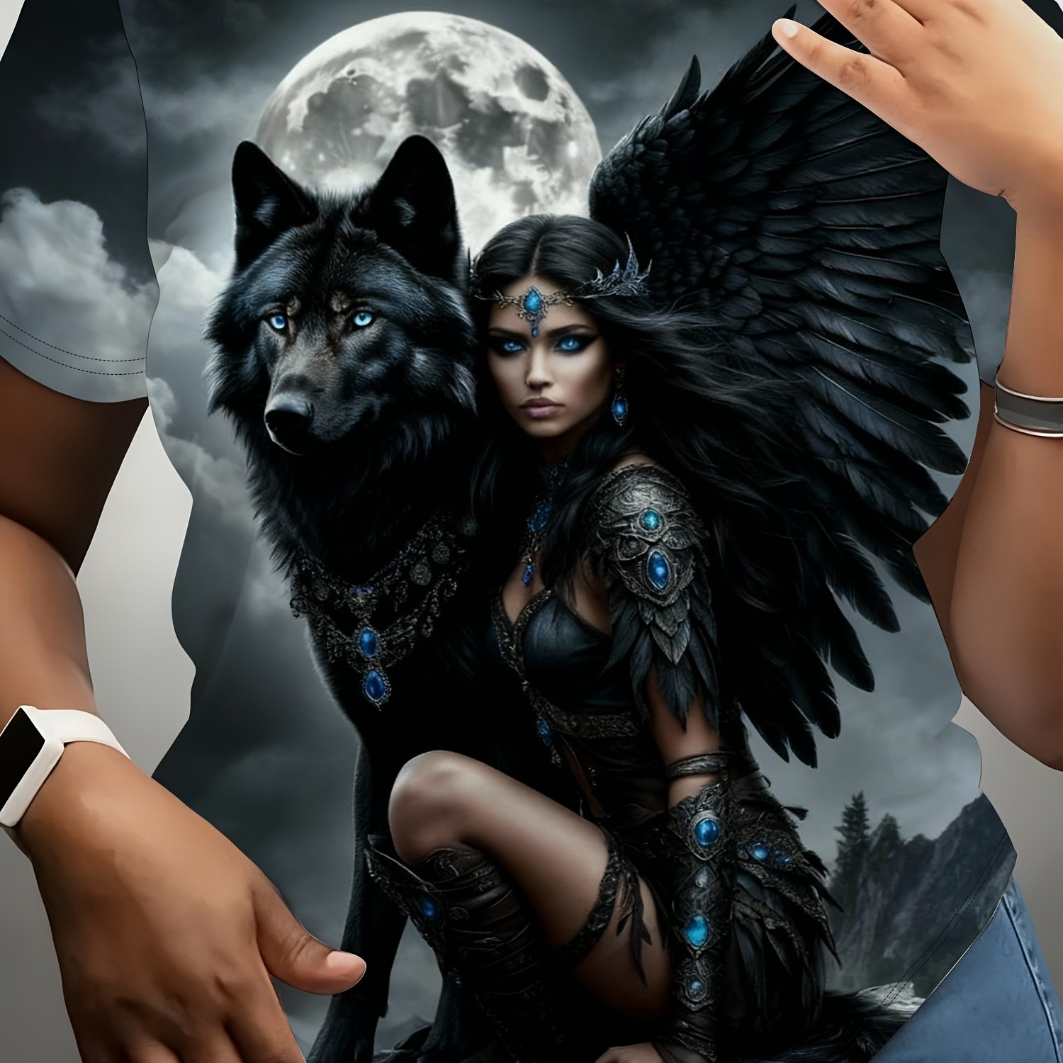 TEMU Women's Digital " Black Wings And Spectral Wolf" Themed Short Sleeve T-shirt, Featuring Full Print Of Black Winged Woman And Spectral Wolf ,