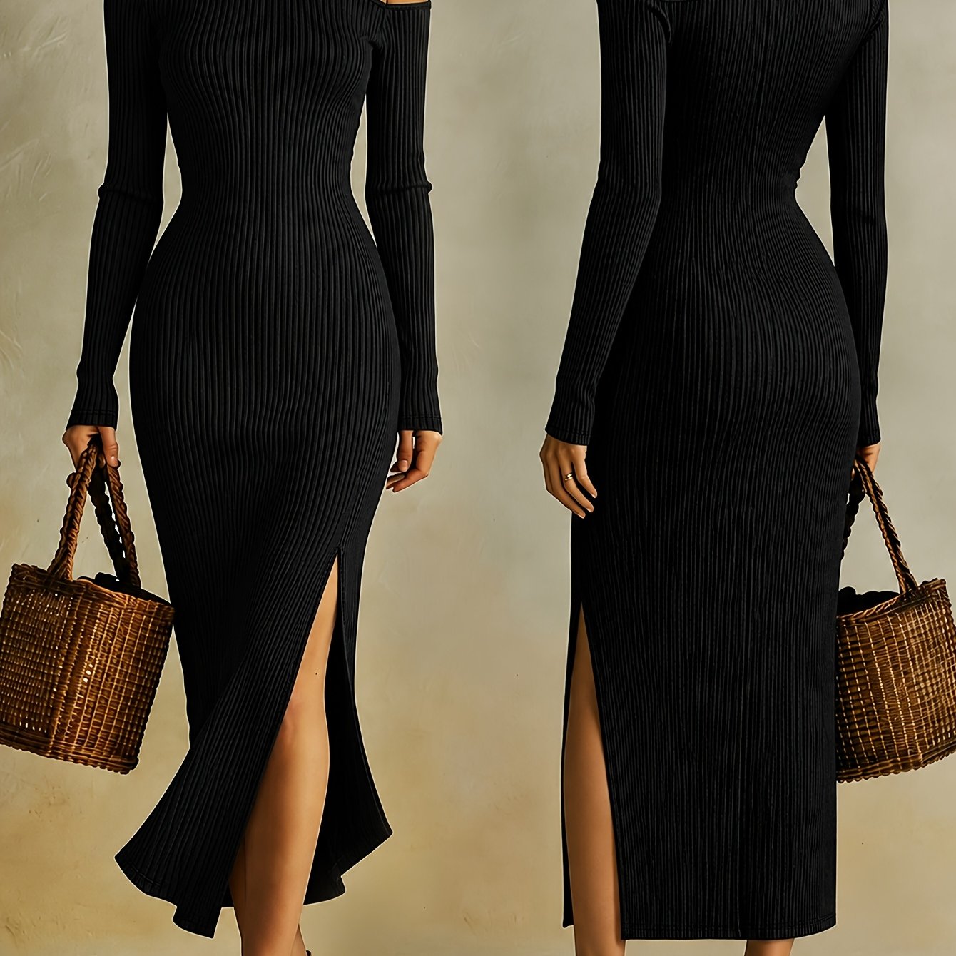 TEMU 2026 New Autumn/winter European And Women' Color Cable Long Sleeve Bodycon Dress With Off-shoulder Collar, Shoulders, Slit Hem, And Side Slit