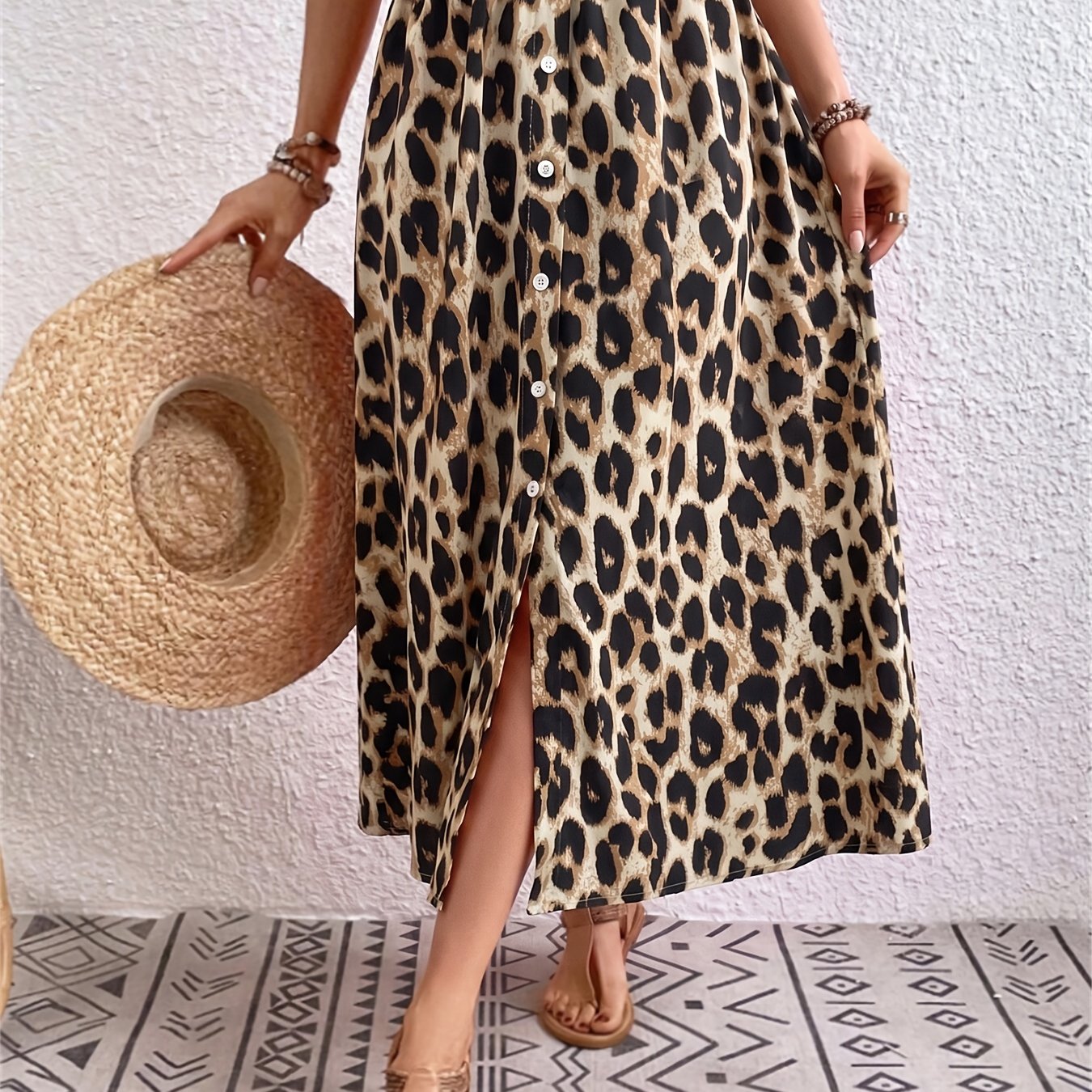 Dj260423677 Women's Leopard Print Button-up Elastic Waist Slit Casual Midi Skirt