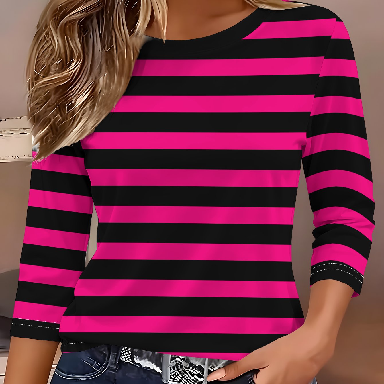 TEMU Women's Fashion Magenta Black Horizontal Stripe Three-quarter Sleeve Neck Outfit