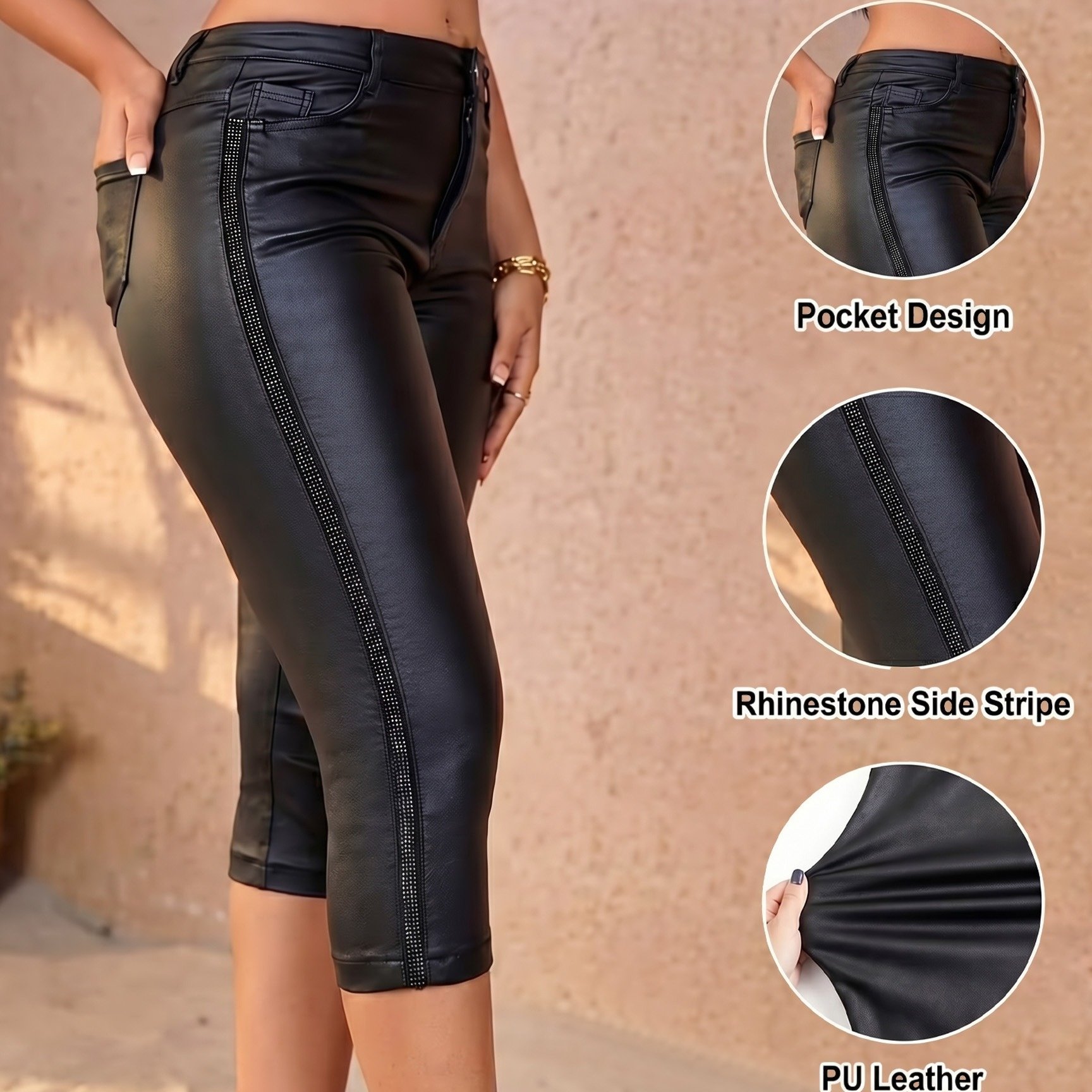 Retro High Waisted Slanted Pocket Metal Edging Elastic Faux Leather Tight Cropped Pants