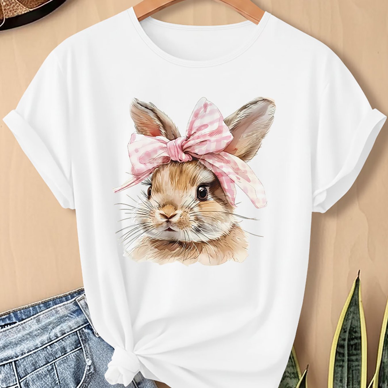 TEMU Plus Size, Women's Easter Bunny T-shirt With Pink Bow - Slim-fit Stretchy Short-sleeve Round Neck Blouse-compatible Top | Soft Machine-washable