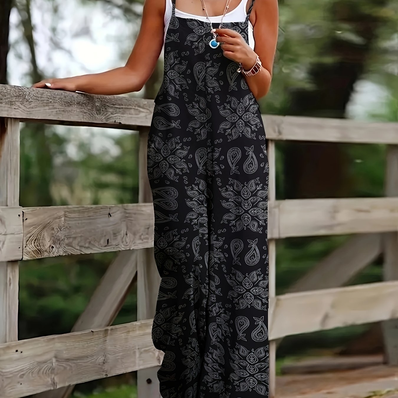TEMU Trendy Wide-leg Jumpsuits From Europe And America, Including Suspender Styles, Casual Sleeveless Options, And Versatile Slings Made From Printed