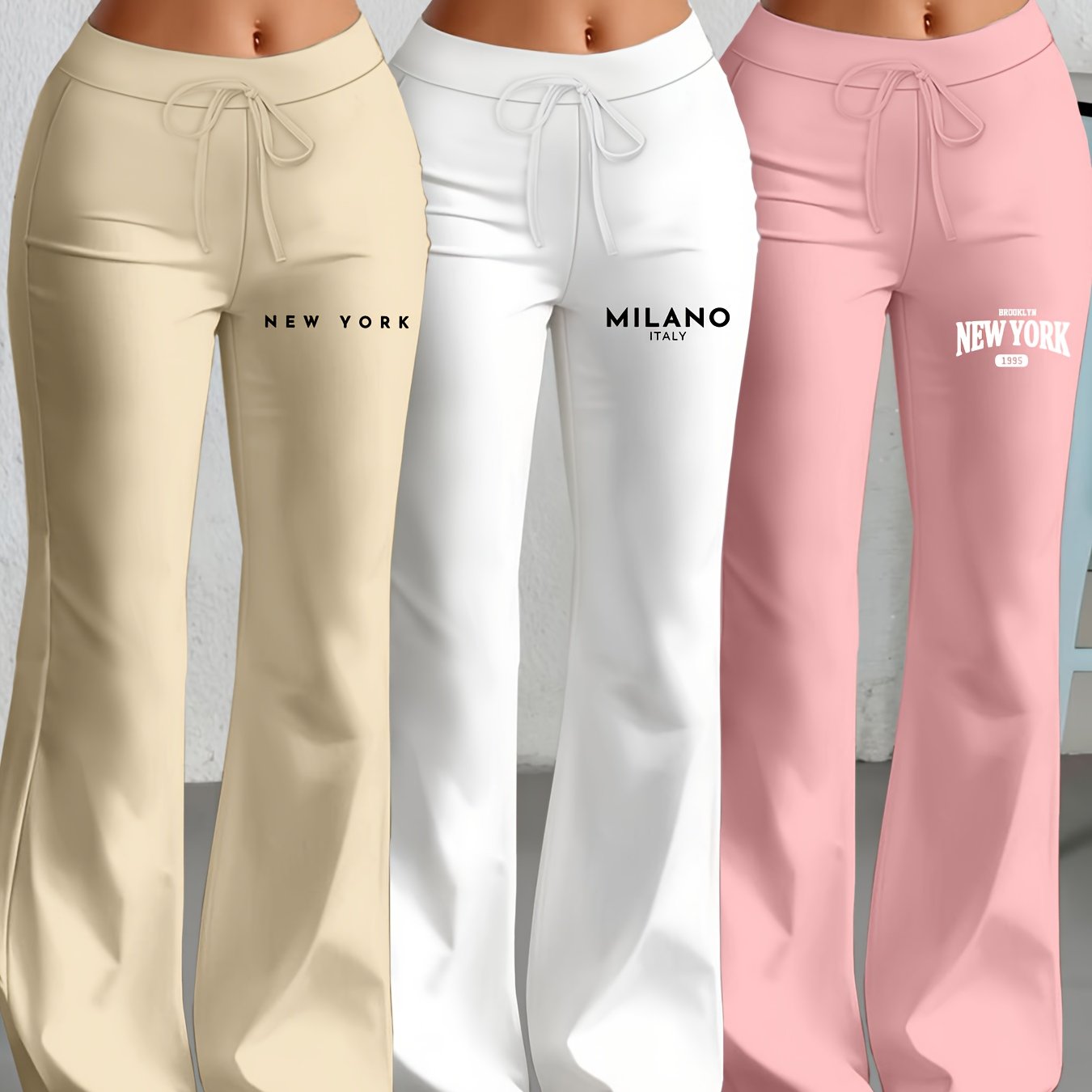 TEMU European And American Women's Fashion Flared Straight-leg Casual Trendy Text Print Long Pants Three-pack