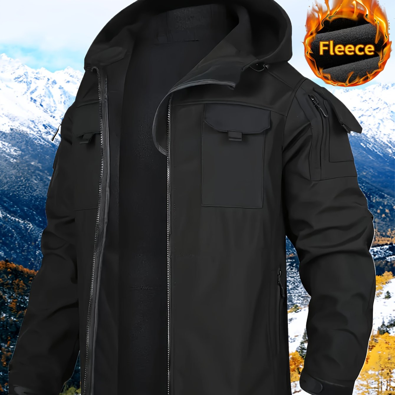 TEMU Men's Fleece-lined Softshell Tactical Winter Jacket With Zip-up Hooded, Multiple Pockets & Lining - Outdoor Skiing, Hiking, Hunting, Camping