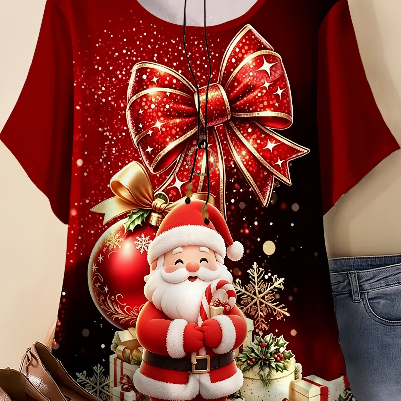 TEMU Plus Size Women's Round Neck Short Sleeve T-shirt, Burgundy Sequined Large Bow Christmas Santa Cane Candy Christmas Ball Gift Pile Snow Print