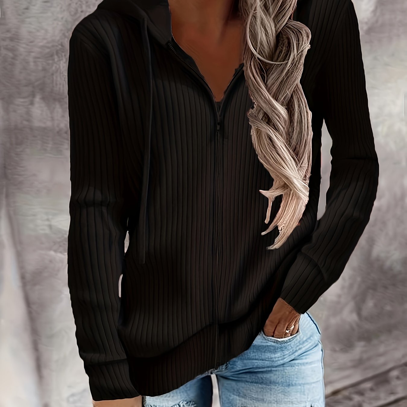 Image of Plus Size, European And Size Women's Clothing, Ribbed Hooded Zip-up Cardigan Sweatshirt, Simple , Loose Fit For Hiding And Effect, Spring And Autumn Commuting And Casual Top