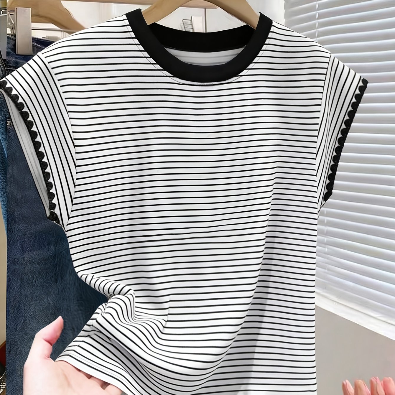TEMU 1pc Spring Summer Fashion Casual Trendy Age-reducing, All-match Small Flutter Sleeves, Round Neck Striped Short Sleeve T-shirt Solid Color