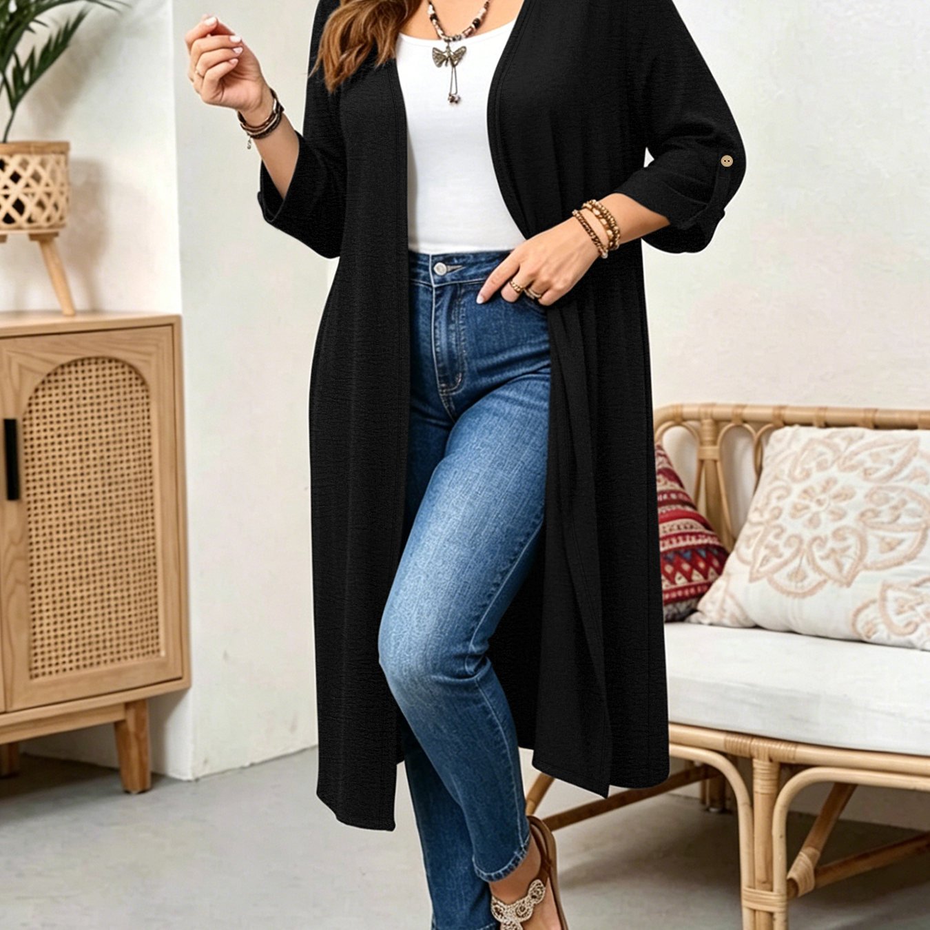 TEMU Plus Size, Women's Elegant Casual Versatile Solid Color Cardigan Jacket, , Plus Size Women's Clothing