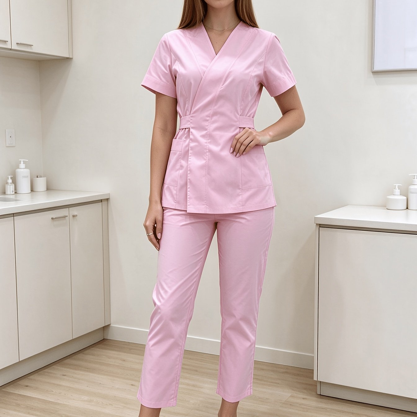 TEMU [yt787] Uniform 2pcs Set Waist-cinching Scrub Set Cross V-neck Short Sleeve Top With Back Tie And Straight Leg Pants Multi- Aesthetic Care