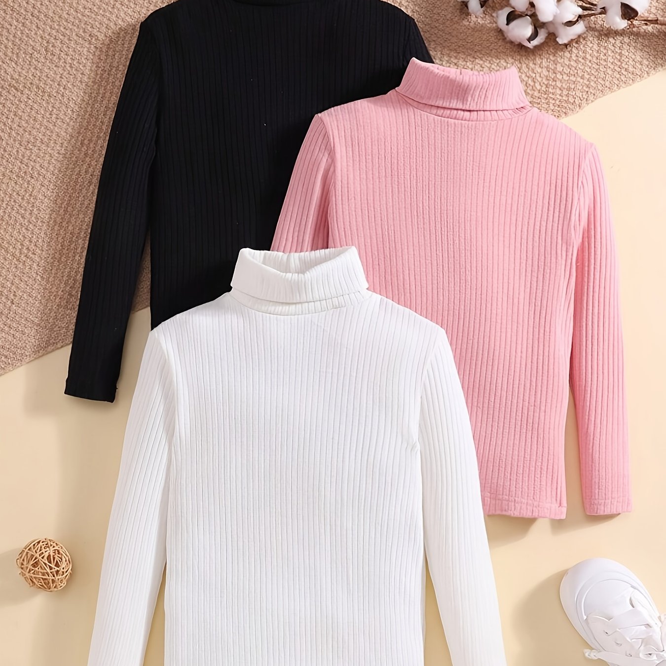Girls' 3pcs Set: High-neck Long-sleeve T-shirt Base Layer