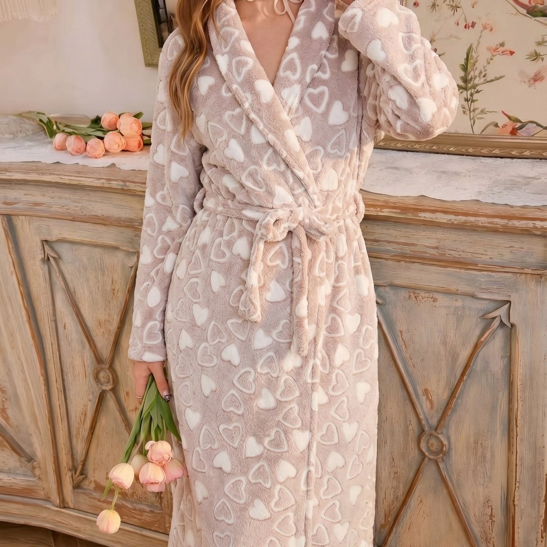 TEMU Autumn And Winter Flannel Pajamas Women's Reversible Thickened Women's Belted Dressing Gowns Loose Warm And Clothes