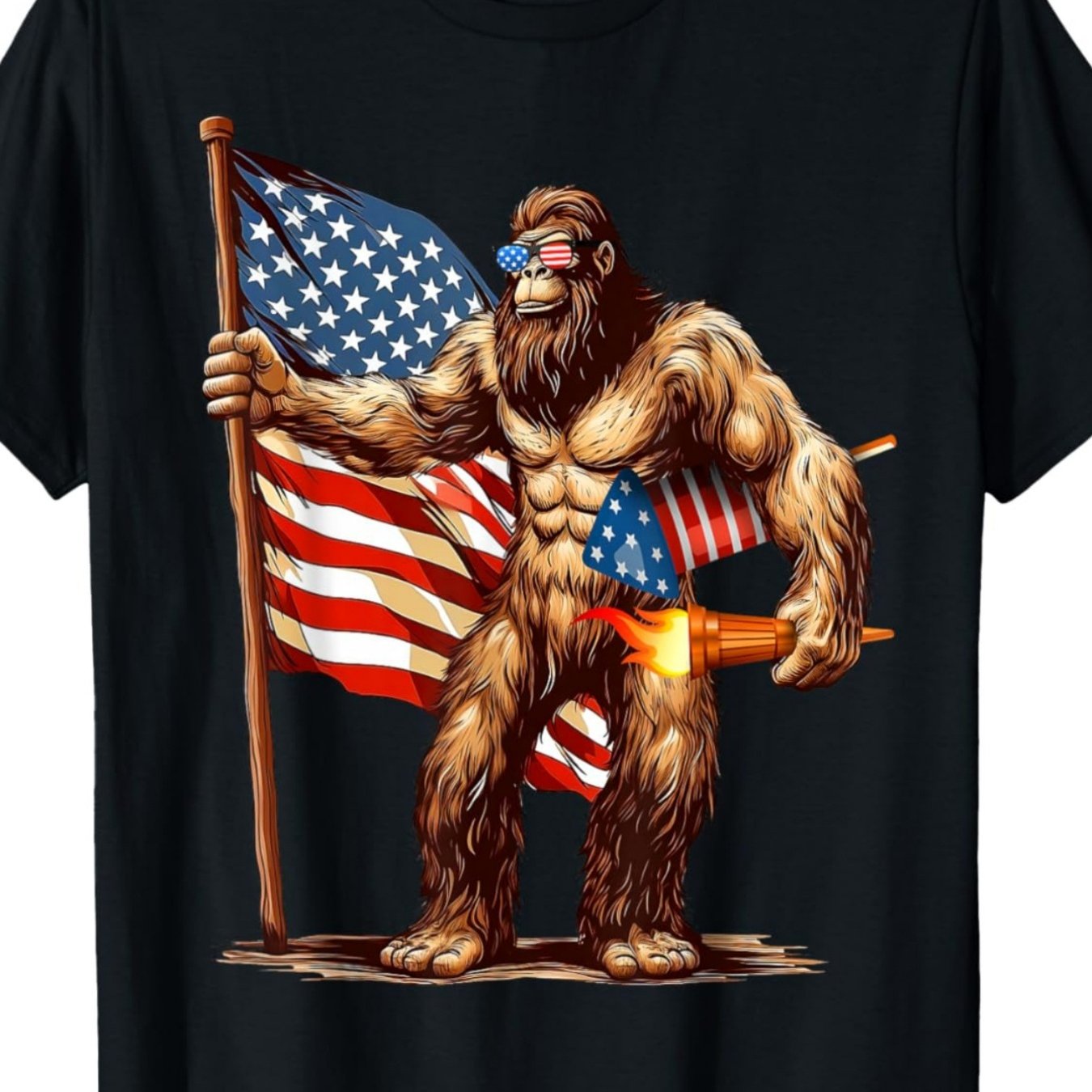 Men's Patriotic Sasquatch & Fireworks Graphic T-shirt | Breathable Crew Neck With Us , Regular Fit, Casual Summer Top For Day Celebrations, Black - Versatile, Plus Size