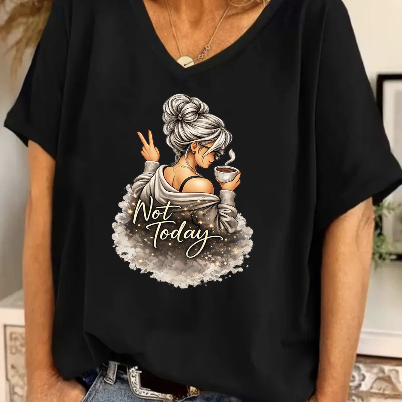 TEMU Women's Batwing Sleeve Top, V-neck, Short Sleeved With Shoulders, Top , Women's Top, For Commuting And Daily Wear, Loose Short-sleeved T-shirt,