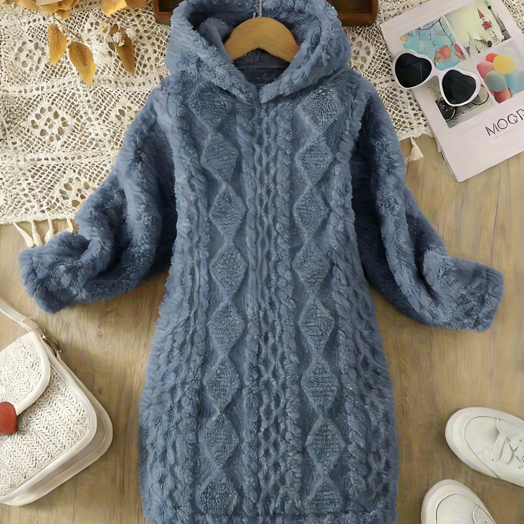 TEMU Fashionable Casual Plush Jacquard Women's Hooded Sweatshirt | Geometric-pattern, Hooded Style, Ideal For Fall/winter