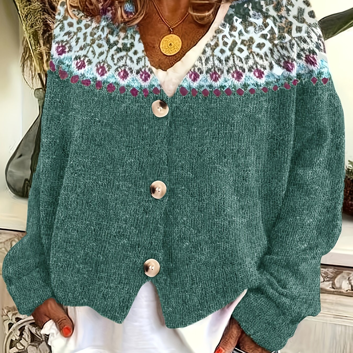 Jacquard Drop-shoulder Cardigan Sweater