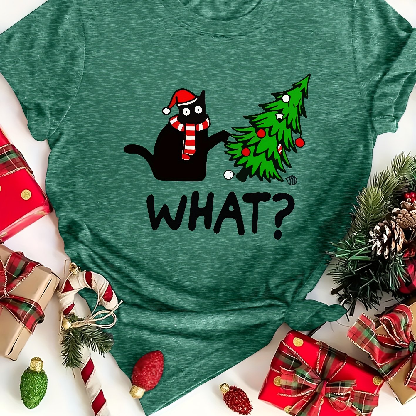 TEMU Christmas Plus Size Women's Summer Animal Short Sleeve Simple Drawing Black Cat With Christmas Tree Letters Crew Neck Cute T-shirt, Fashionable