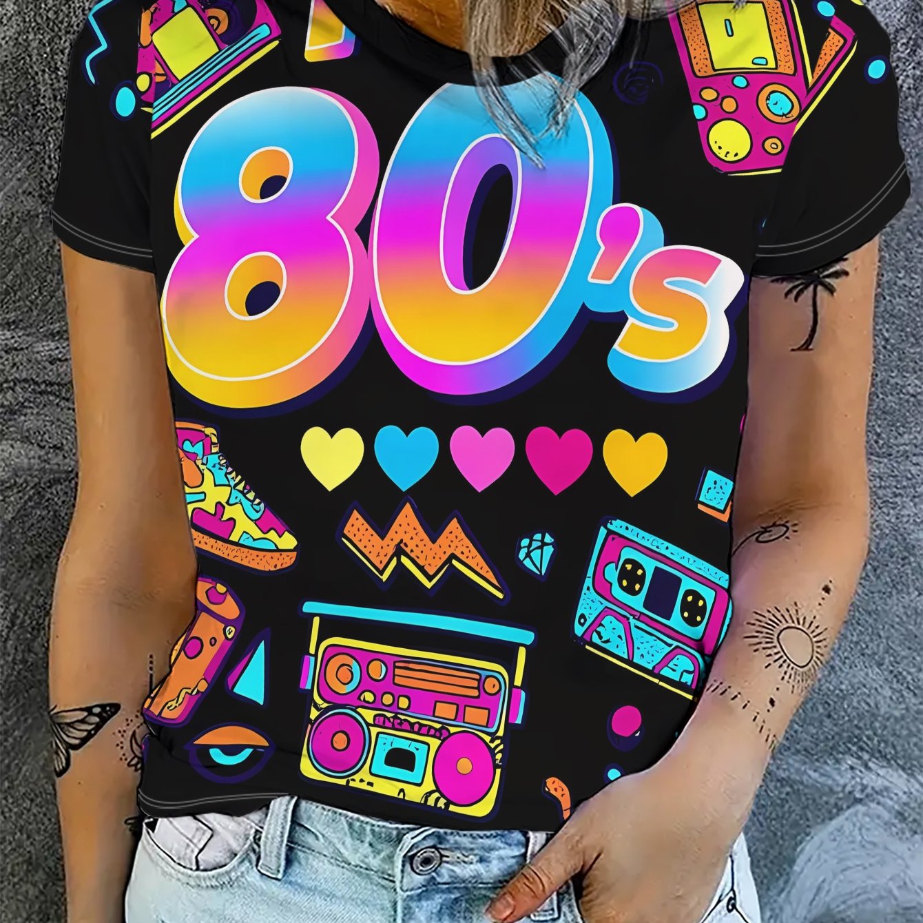 TEMU 80s Retro Style Women's Short-sleeved T-shirt Heart Tape Pattern Print Top Regular Trendy