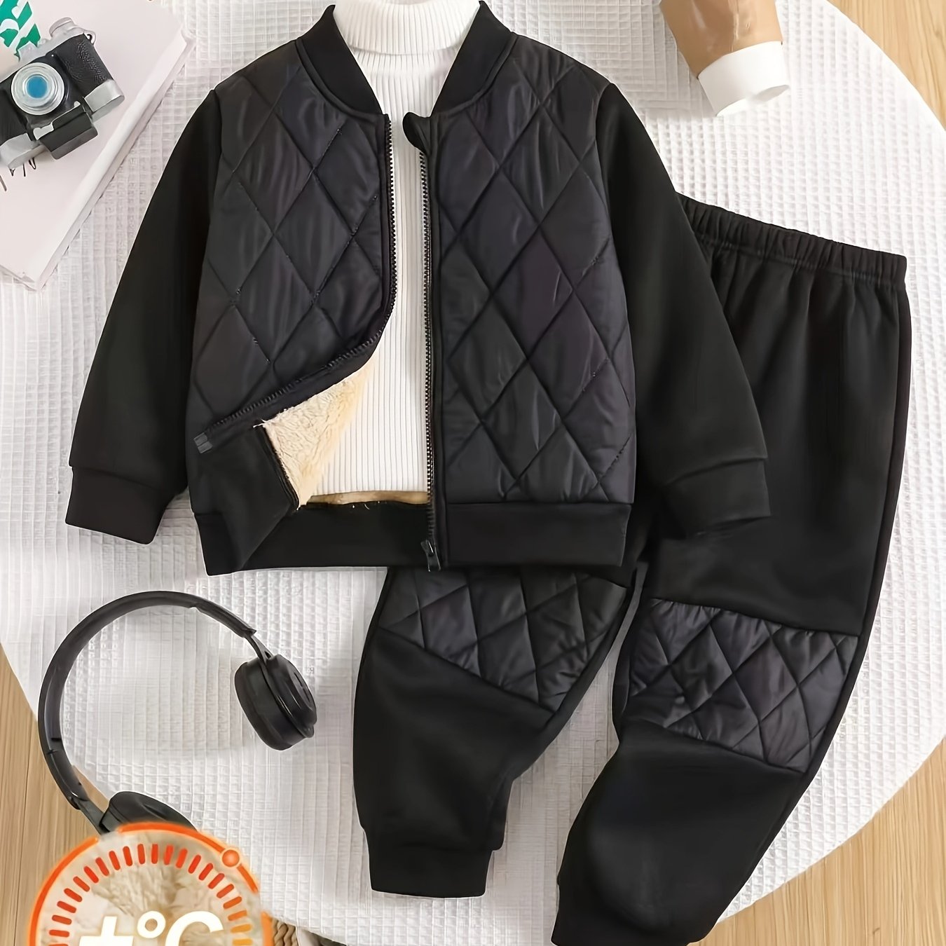 TEMU Boys' Autumn/winter Simple Solid Color Classic Fashion Set, Rhombus Pattern Thickened -lined Warm Padded Top With Comfortable Casual Long Pants,
