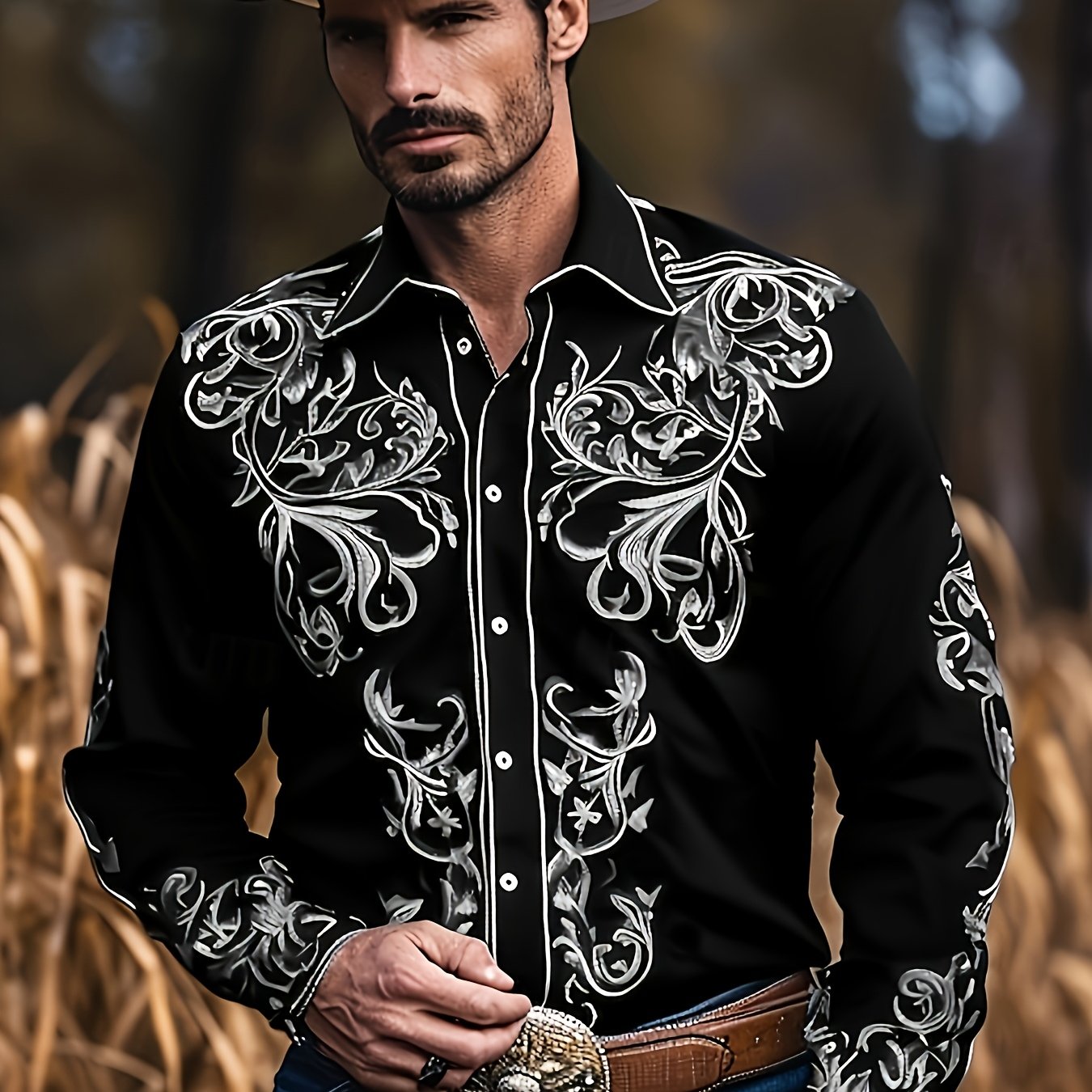 TEMU Men's Western Cowboy Style Casual Shirt, Comfortable Polyester Fabric, Paisley Pattern, Flag Distressed Effect Design, Suitable For Festive