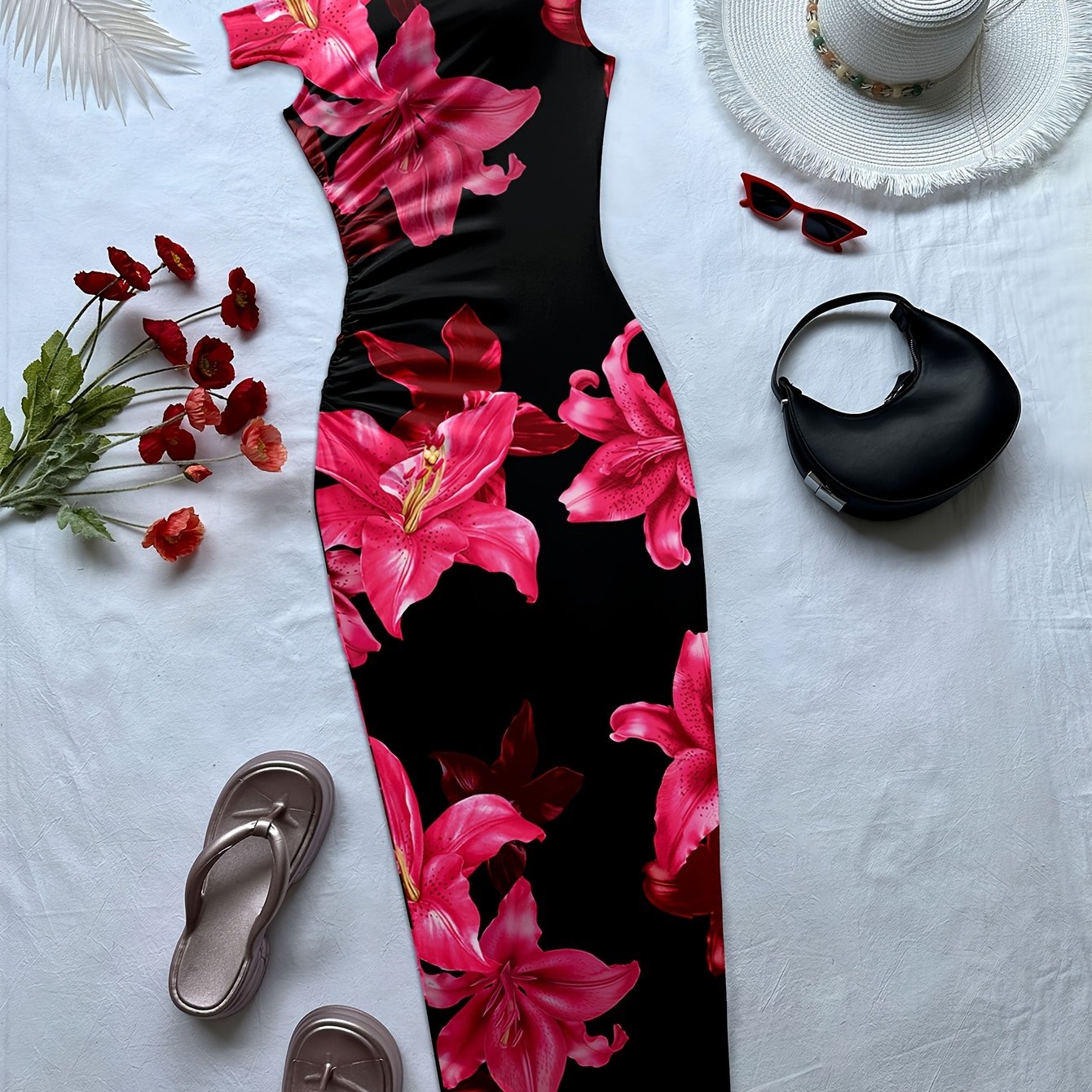 TEMU Women's Spring/summer New Arrival Boho Beach/tropical/vacation Artistic Print Neckline Midi Dress