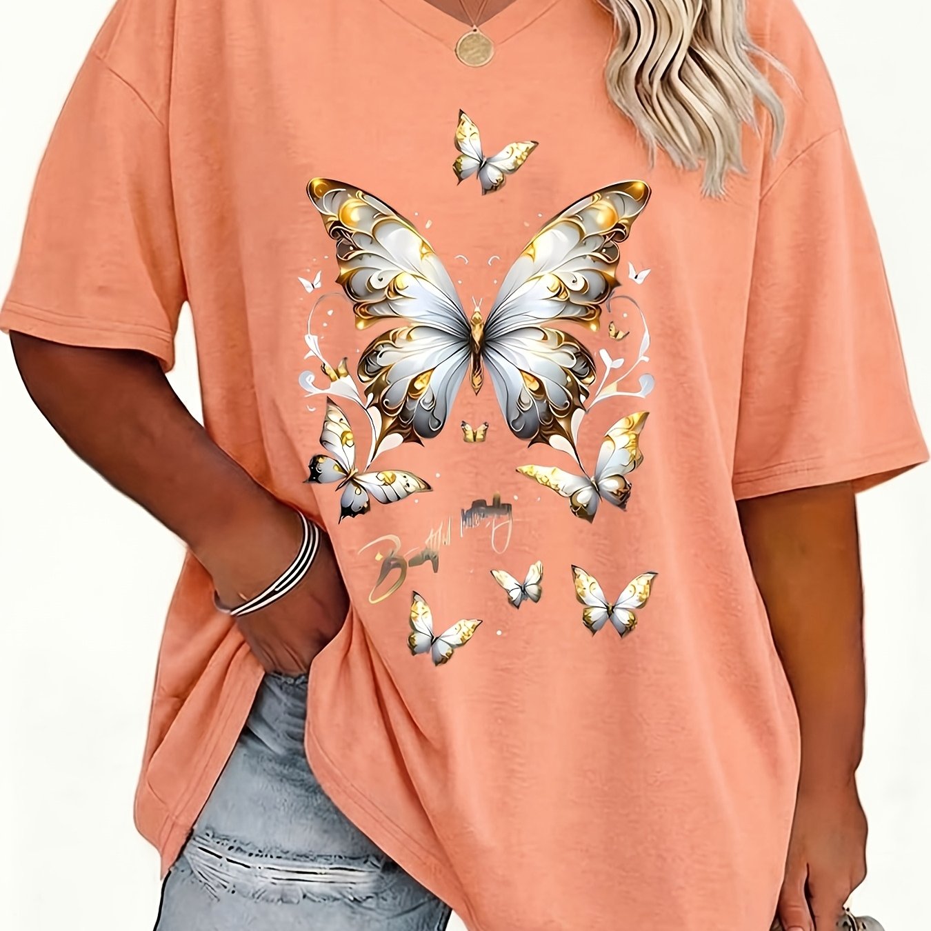 TEMU Plus Size Women's V-neck Geometric Pattern T-shirt