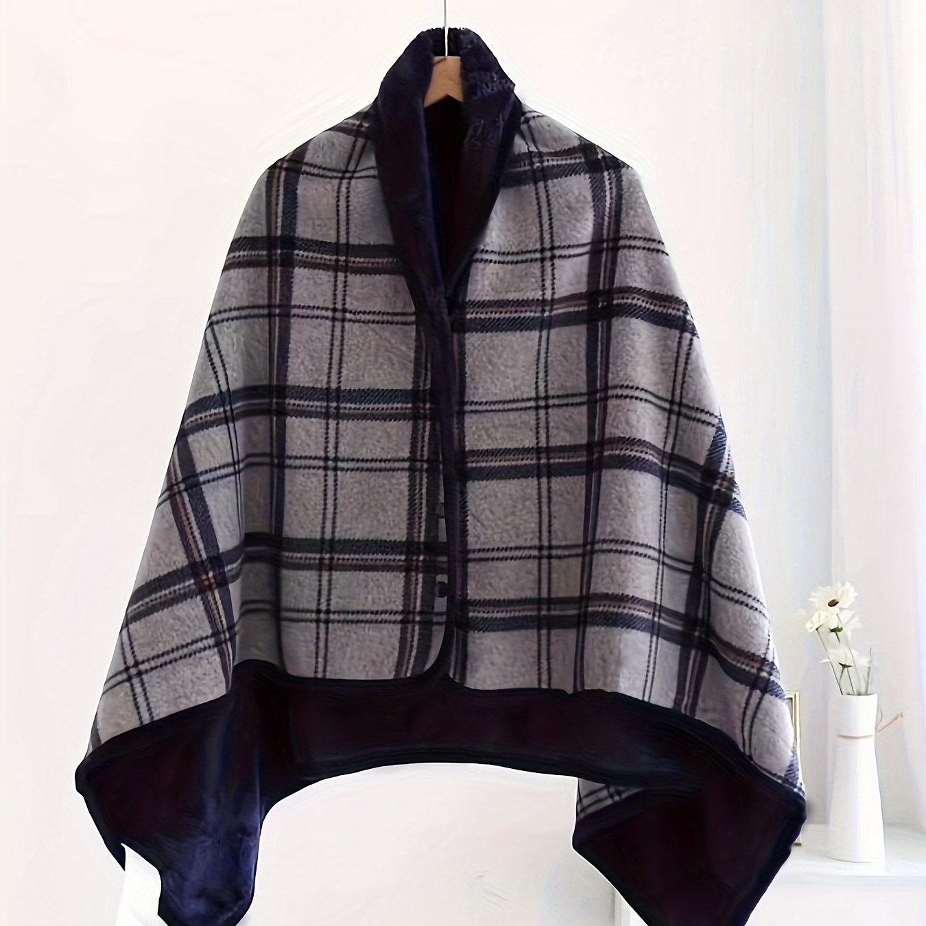 TEMU Fleece-lined Shawl Wrap - Soft , V-neck, Button-up, Sleeveless, Non-sheer - For & All