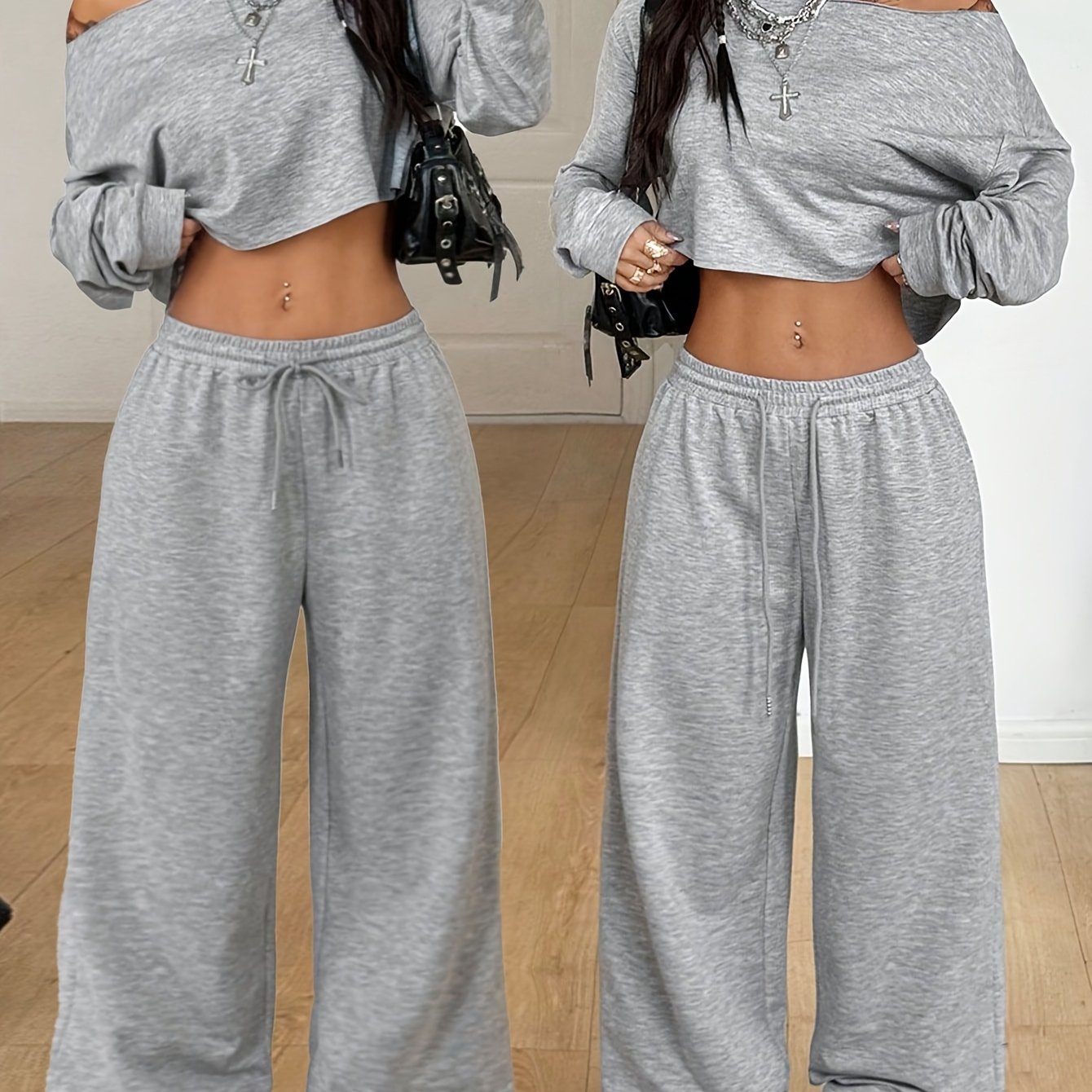 TEMU A Must-have For Casual Streetwear And Autumn: A Comfortable Gray Sweatshirt With Wide-leg Joggers, A Cozy Two-piece Set