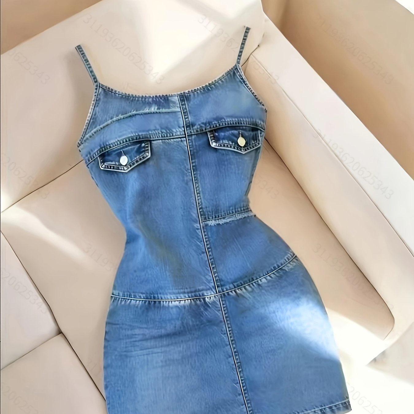 [Otroška obleka s potiskom - Ne je imitacija jeansa] Ženska mini obleka na naramnice z učinkom imitacije jeansa