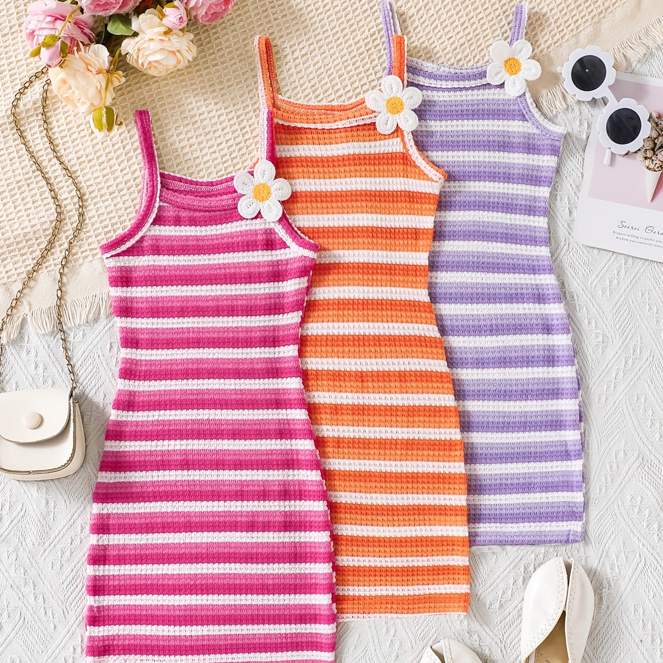 Image of (set Of 3) Girls' Casual Gradient Striped Dress With Floral Decoration, Cute Sleeveless Spaghetti Strap Dress For Summer, Suitable For Outdoor Wear