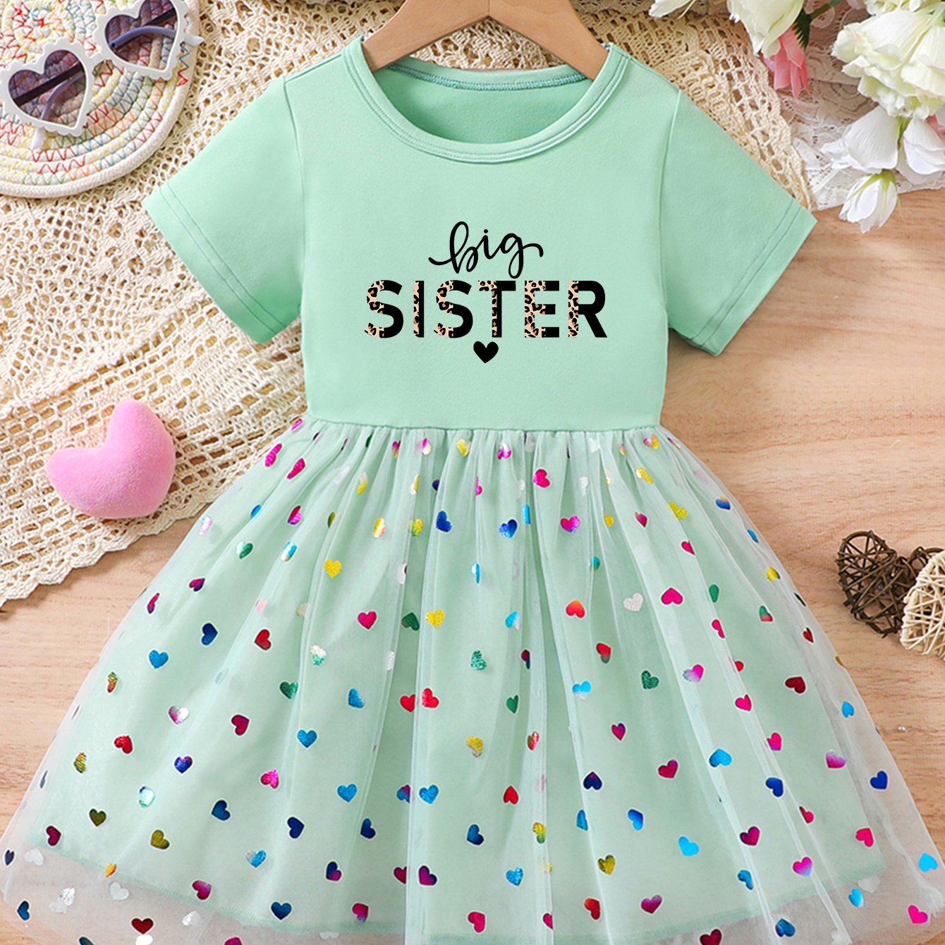 TEMU Leopard Print Minimalist Letter Theme Style, Girls' Fashion Summer Sequin Heart Mesh Dress