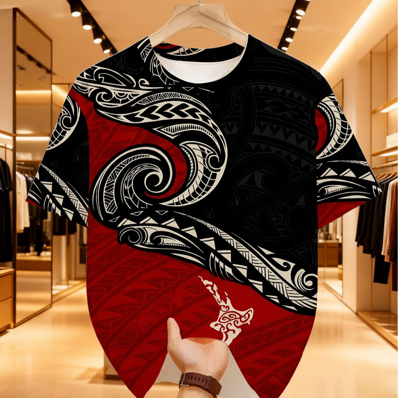 TEMU Men' T-shirt Featuring A Red And Black Maori Style Pattern, Made From Breathable Knitted Fabric. Designed In A Regular Fit With A Round Neck,