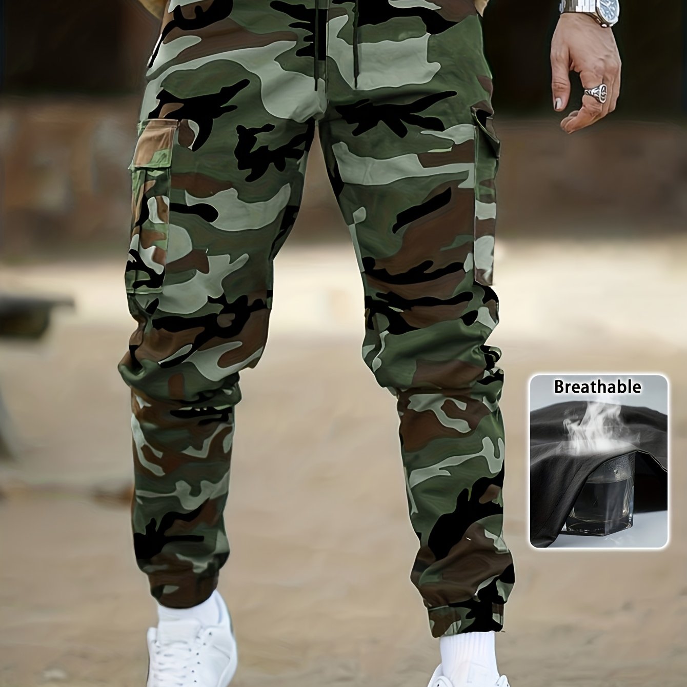 Image of Men's Camouflage Cargo Pants With Drawstring Waist, Flap Pockets, And Letter Patch Label. Stylish And Versatile, Suitable For Daily Wear And Outdoor Street Style