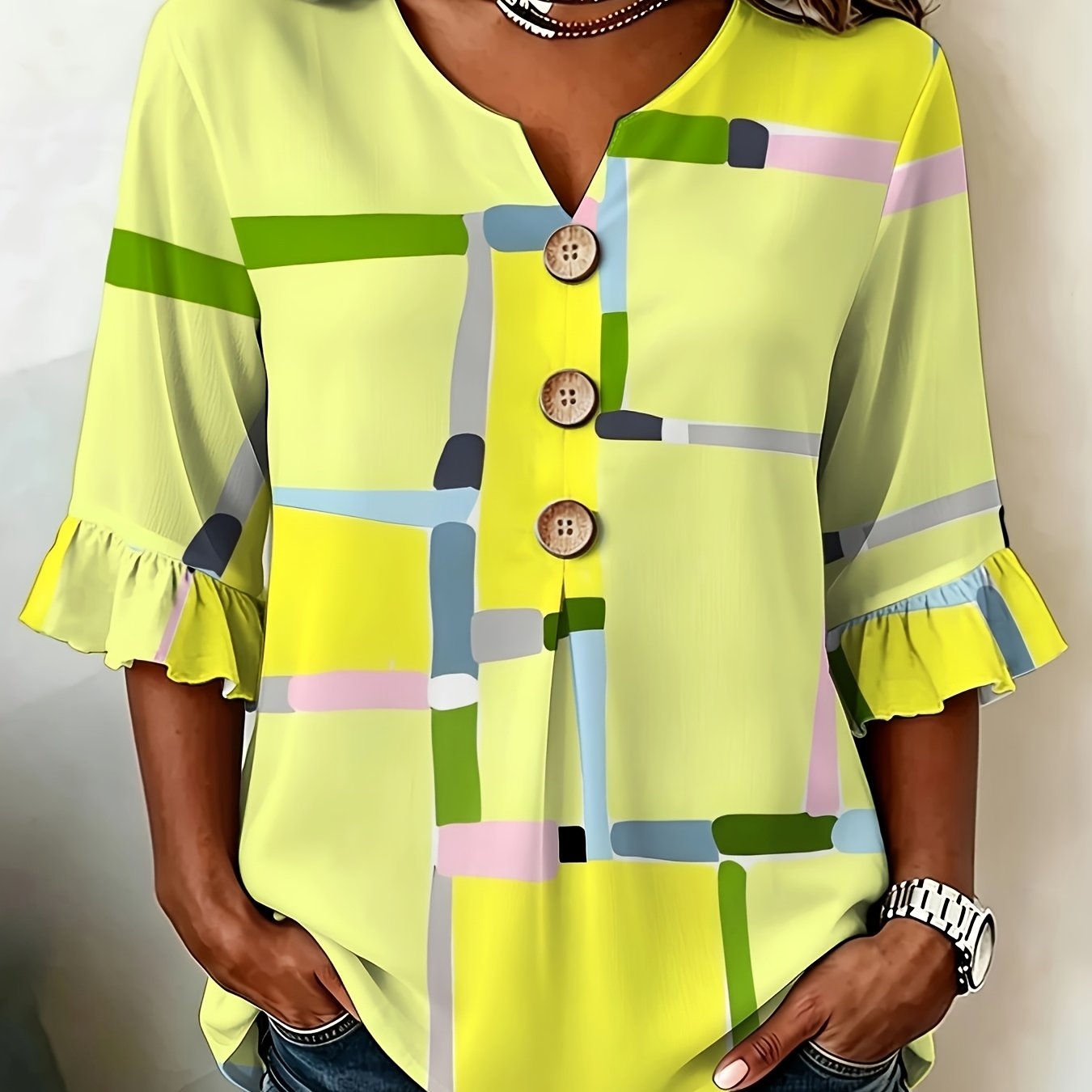 TEMU Plus Size, Plus Size Women's Summer Fashion Printed Shirt, V-neck Ruffle Sleeve Top, Geometric Pattern, Polyester Fiber Material, Mixed Colors,