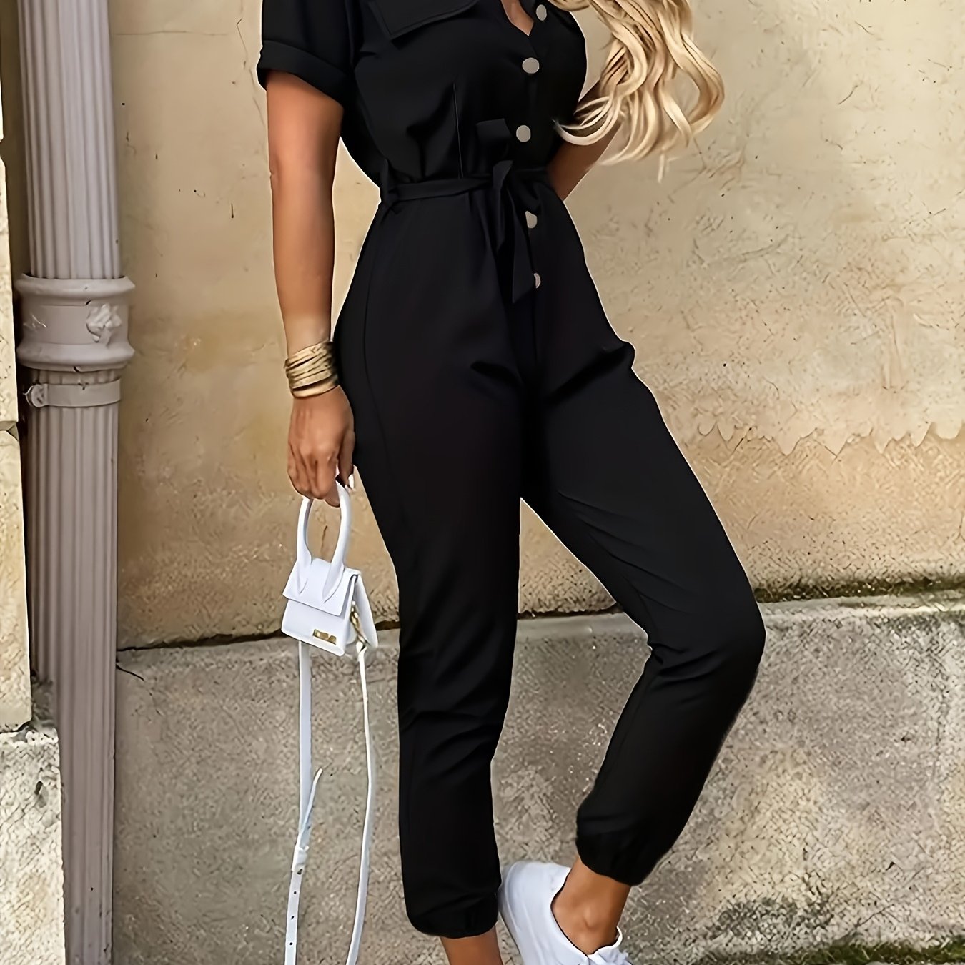 Women's Casual Jumpsuit With Waist Tie For A Slim And Elegant Look