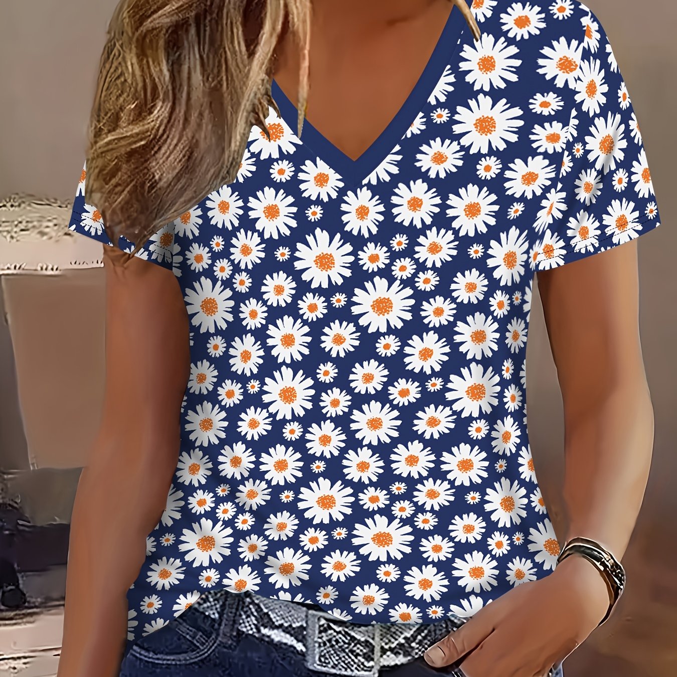 E-shop 2D Gedrucktes Elegantes Mode-Abstraktgemälde Pflanzenblume Gänseblümchen x Kleine Blumen-Grafik Vollkörperdruck Atmungsaktives V-Ausschnitt