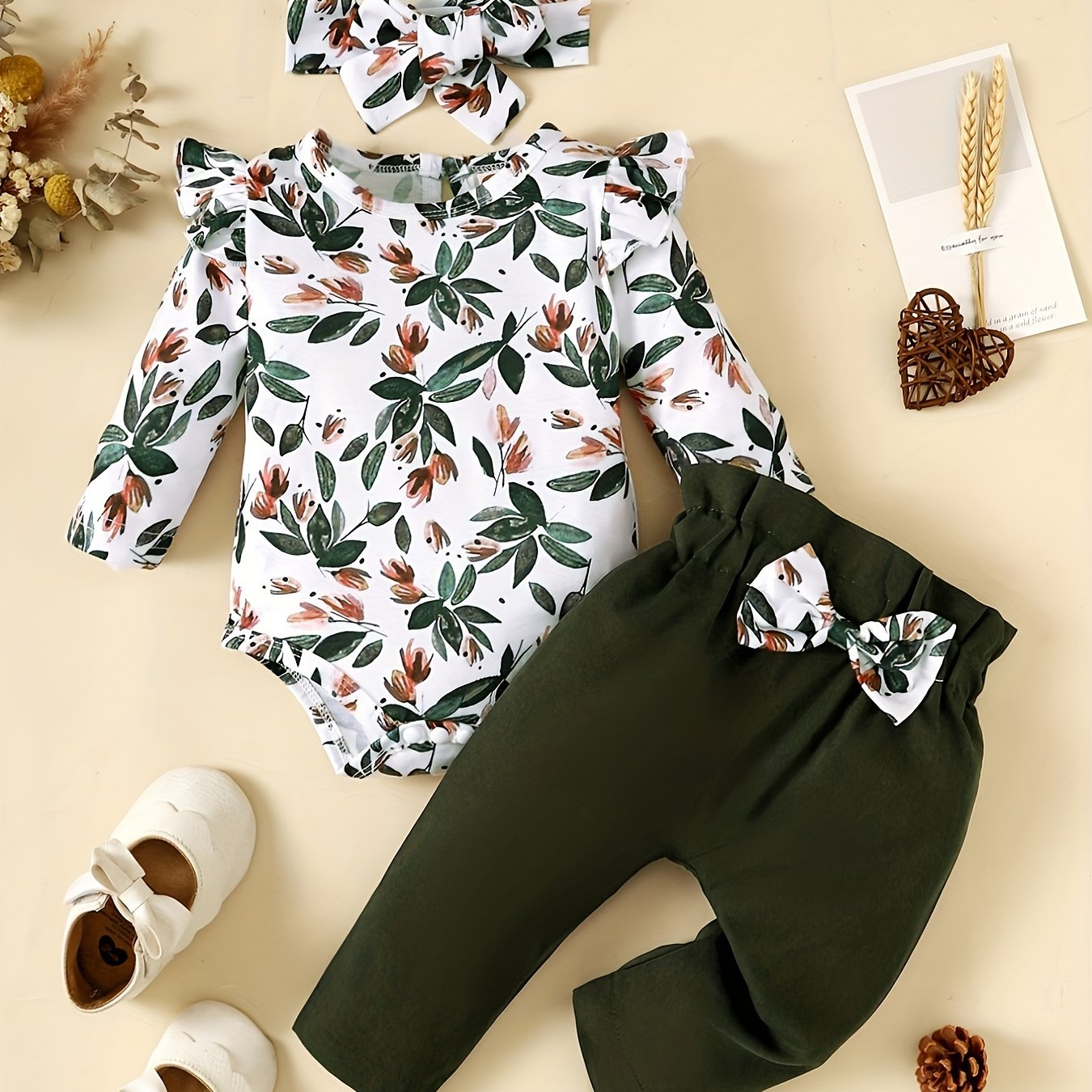 Image of Baby Autumn Long Sleeved Comfortable Round Necked Floral Jumpsuit Cute Printed Casual Fashion Pants Set, For Outdoor