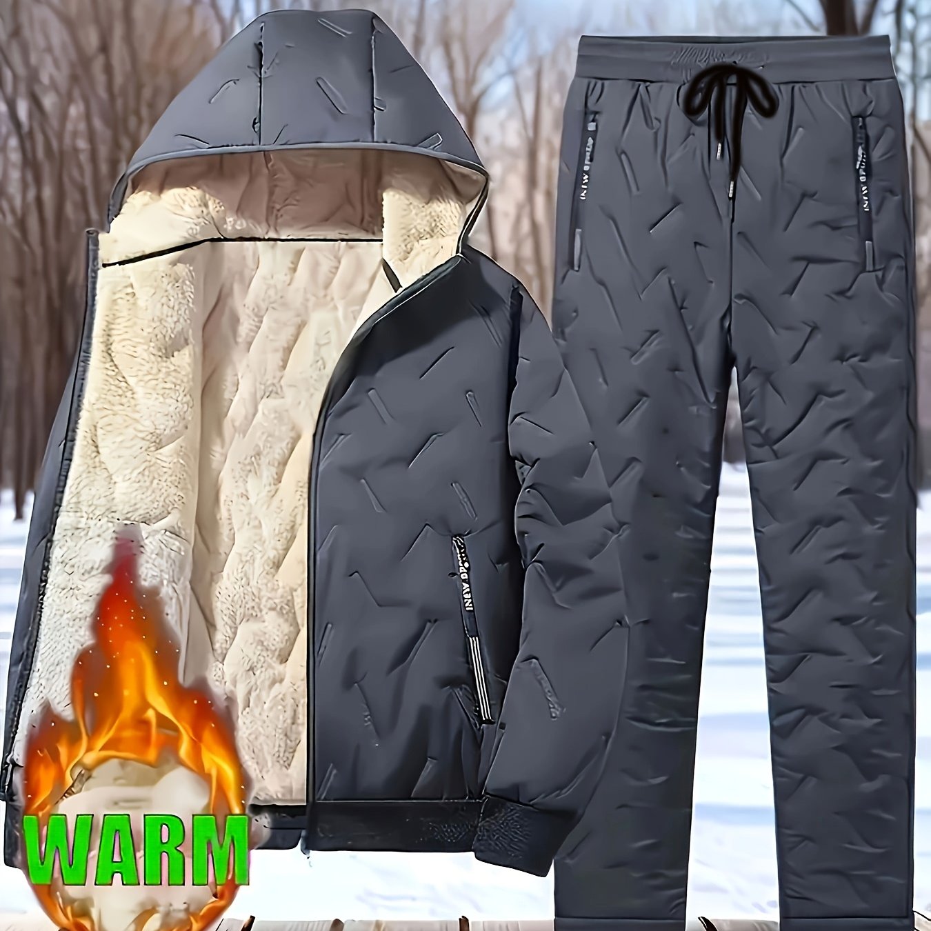 TEMU Men's Winter New Hooded Jacket, Warm Thick 2pcs Set, New Trousers, For 2pcs Set, Men's Thick Puffy Autumn Winter, Sweat-absorbing