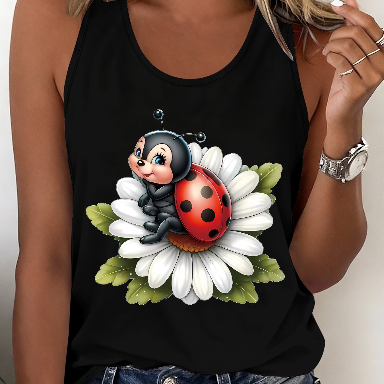 TEMU Women's Cute Ladybug & Daisy Print Sleeveless Tank Top - Non- Blouse-compatible Summer Blouse Style Vest, Round Neck Medium Stretch Shirt
