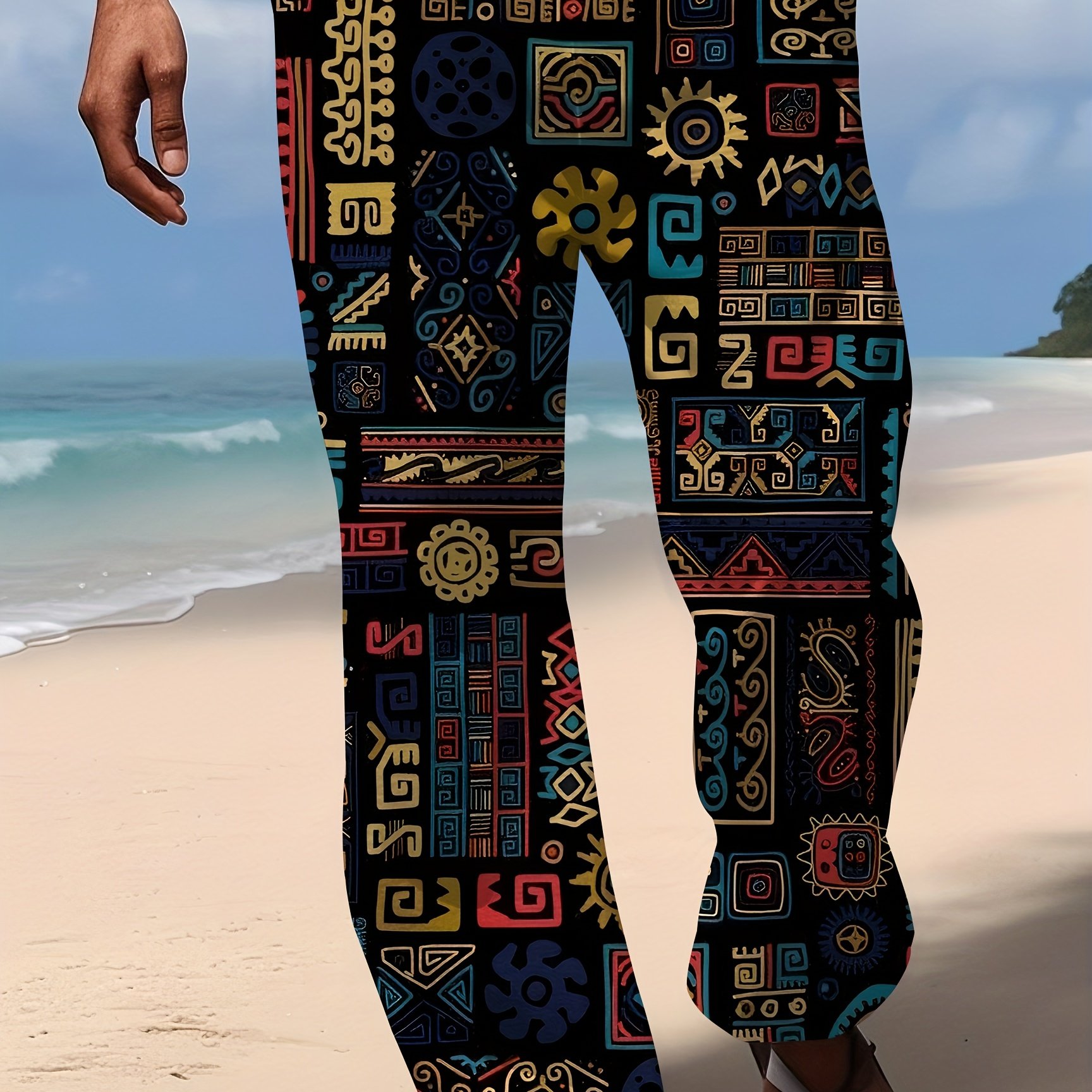 TEMU Men's Summer Casual Loose-fit Pants With Vibrant Tribal Geometric 3d - Lightweight Breathable Fabric For Outdoor Vacation & Leisure Activities,