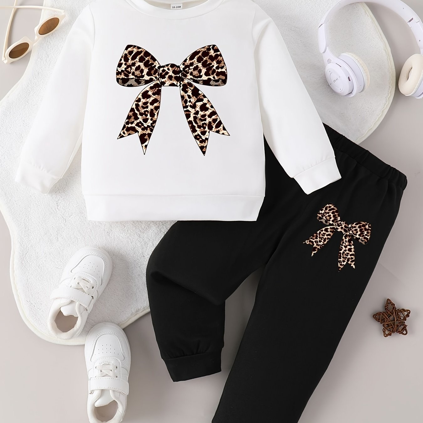 Image of Spring/autumn Style Infant & Toddler Girl's Round Neck Leopard Print Bowknot Print Long Sleeve Top And Long Pants Casual 2pcs Set, Development, Perfect For Outdoor