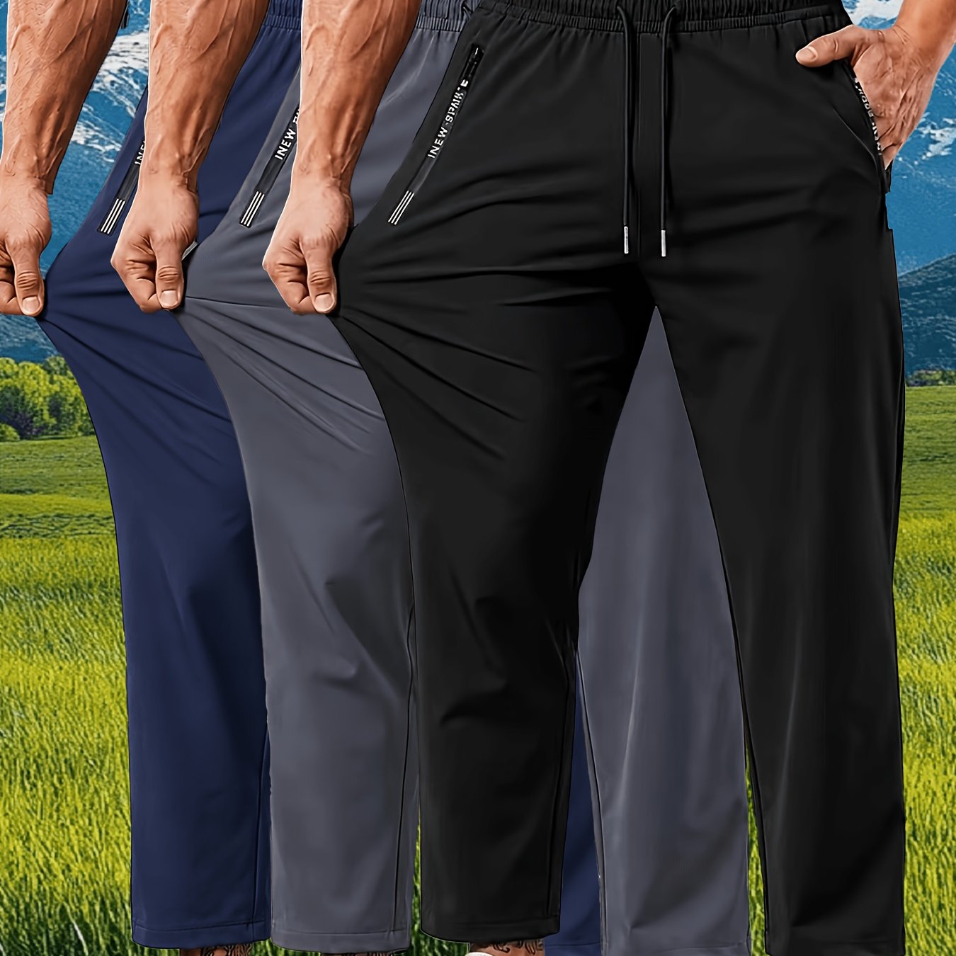 TEMU 3pcs Men's Straight-leg Jogger Pants With Zippered Pockets & Drawstring Waist - Mid-rise Athletic Tapered Pants Suitable For Gym, Running,