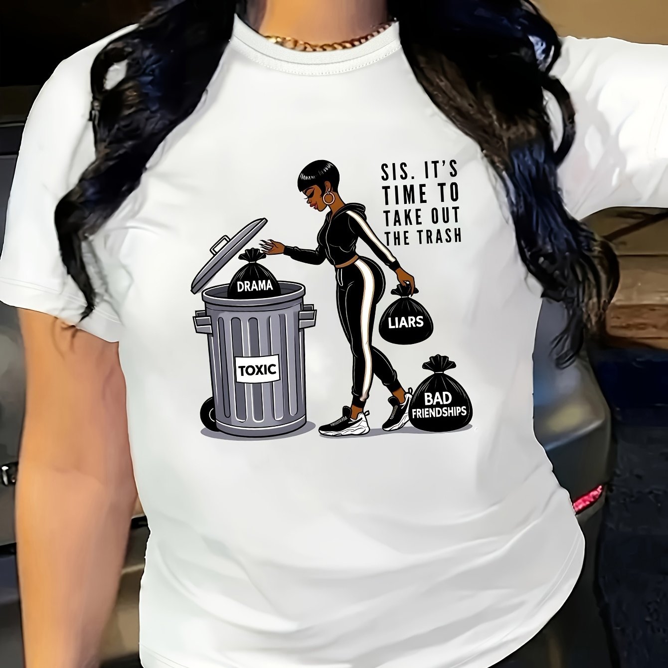 TEMU Plus Size - Women's " To Take Out The Trash" Graphic T-shirt - Casual Black Short Sleeve Crew Neck, Durable Fabric, Machine Washable, Humorous Waste Sorting Design, Top, Waste Sorting Shirt