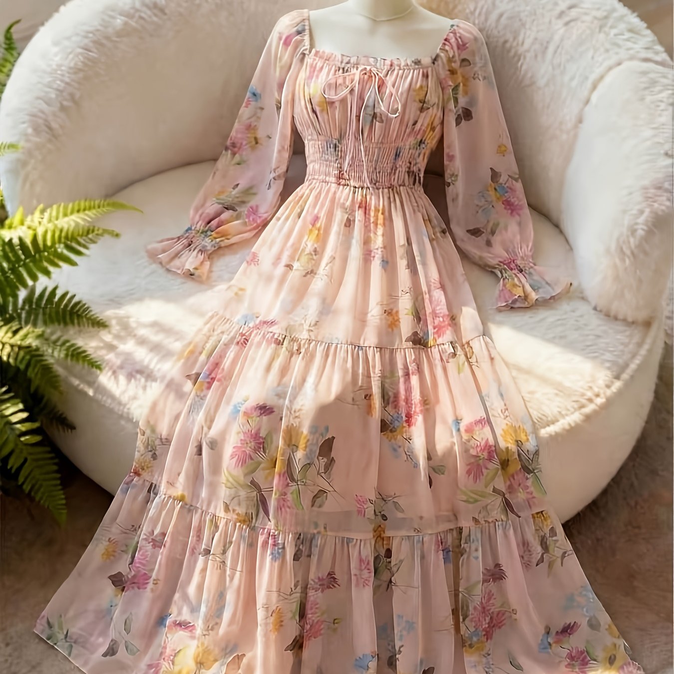 TEMU Women's Elegant Comfortable Vintage Minimalist High-end Gentle Long Sleeve Square Neck Ditsy Floral Dress [zllz]