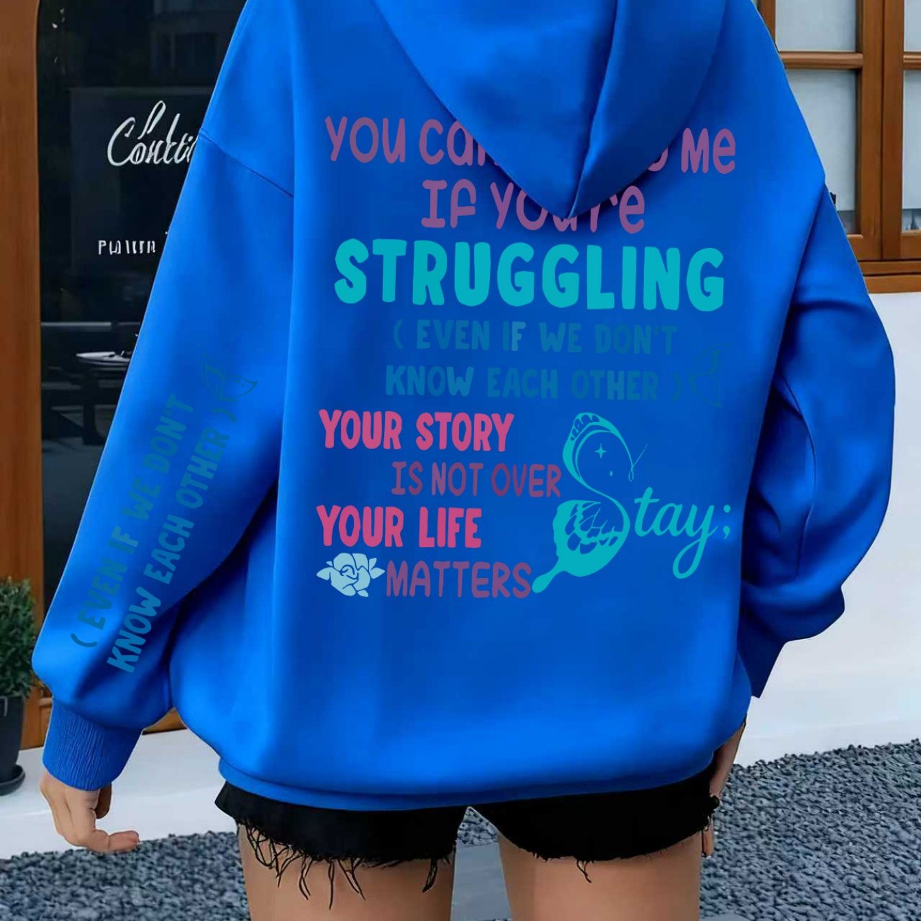 TEMU Ladies' Fashionable And Comfortable Fleece Lined Hooded Sweatshirt, Stylish ' Companionship' Inspirational Slogan Pattern Print, Long Sleeved